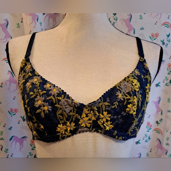 Free People Yellow & Blue Floral Lace Boho Cottage Bra w/ Under Wire SZ 32C - Picture 1 of 4